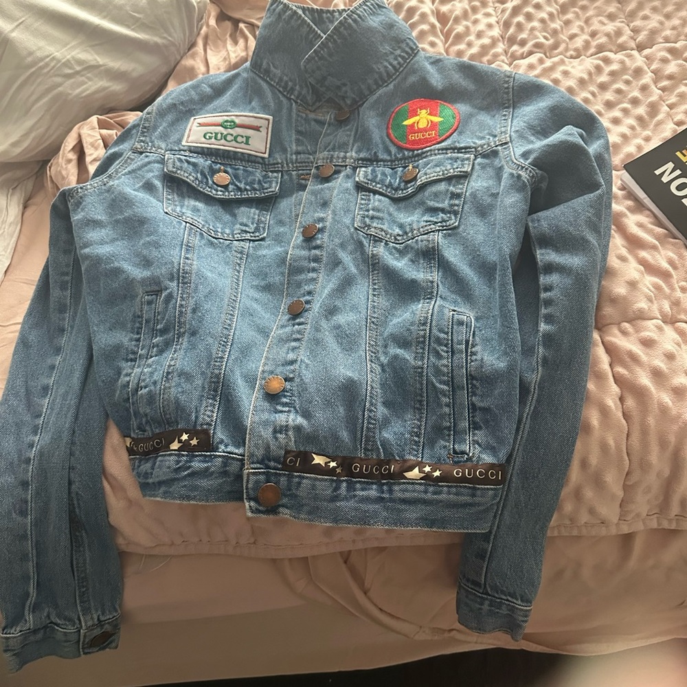 Upcycled Gucci Light Blue Denim Jacket with Embroidered Patches